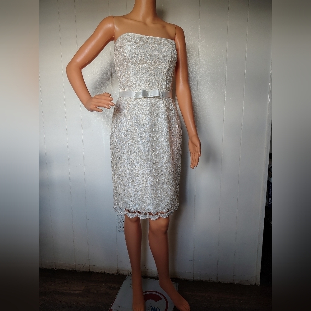 Jessica McClintock Elegant Beige Lace Strapless Dress Size 4